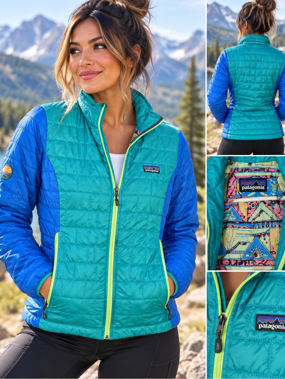 Patagonia Nano Puff Jacket Women’s XS Blue Teal Primaloft Colorblock Insulated